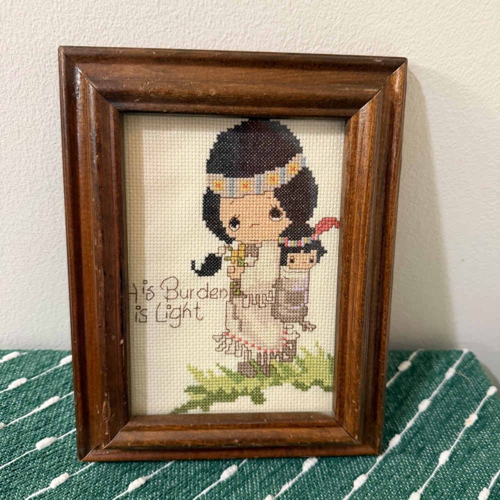 Vintage Framed Cross Stitch Native American Mother & Baby Folk Art Needlework